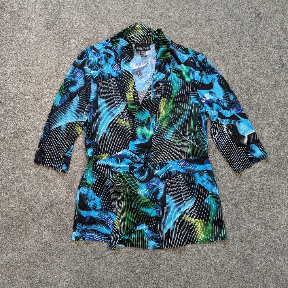 Frank Lyman tropical print striped stretchy cardigan women's size 16